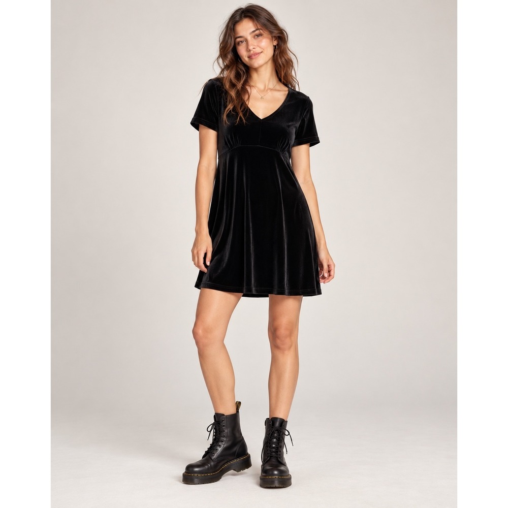 Velvet V-Neck Empire Waist Black Velvet V-Neck Short Sleeve Mini Dress Goth Y2K
